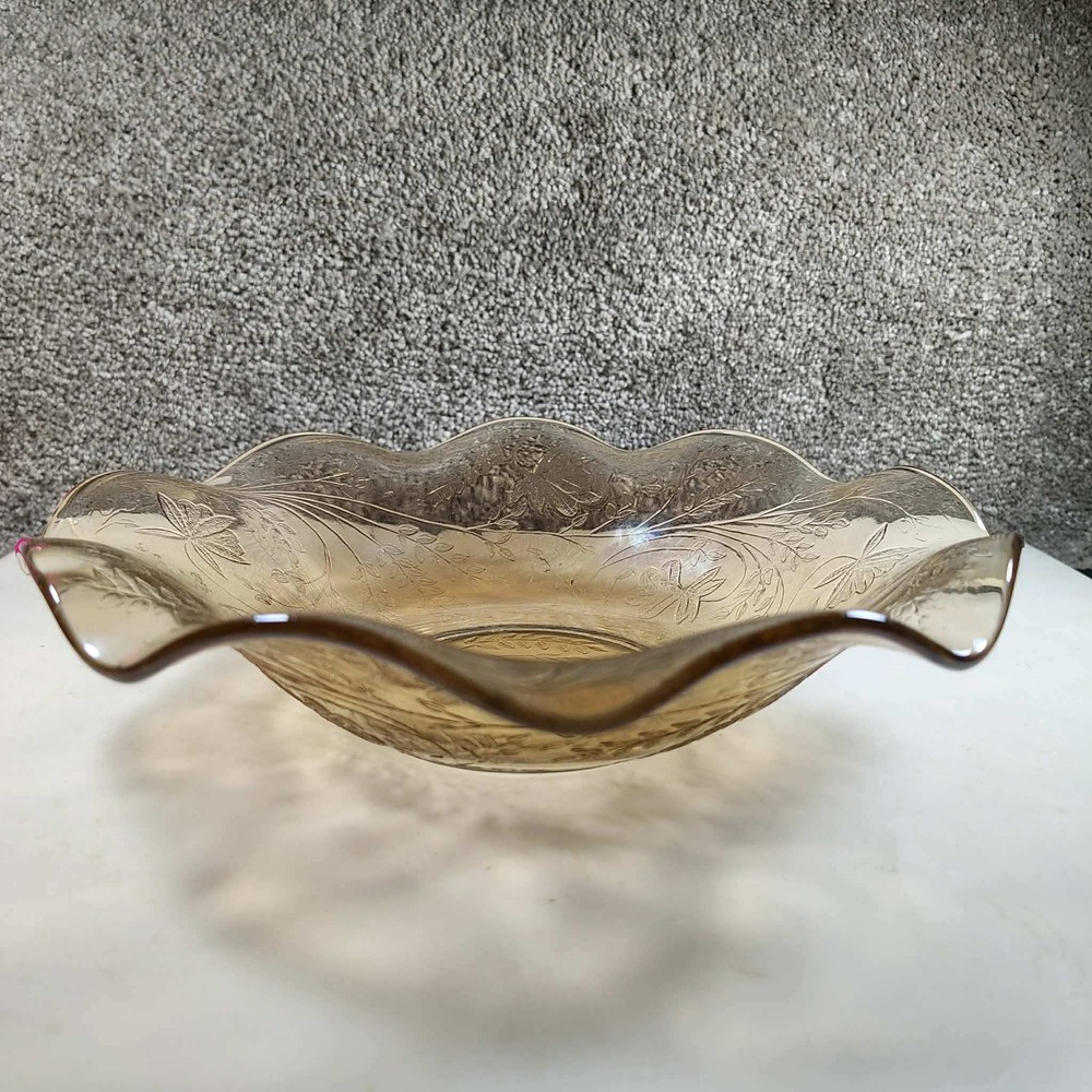 Vintage Glass Bowl Amber Floral Etched Ruffled Edge Serving Dish 10"